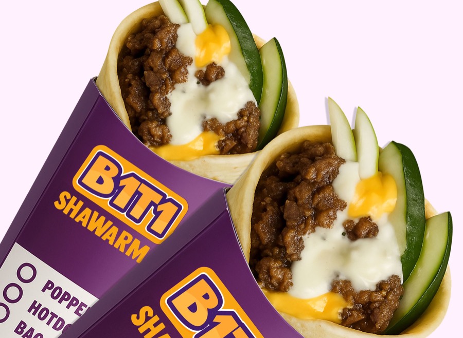 Two beef shawarma wraps in purple B1T1 sleeves